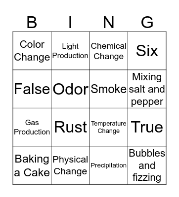 Physical & Chemical Changes Bingo Card