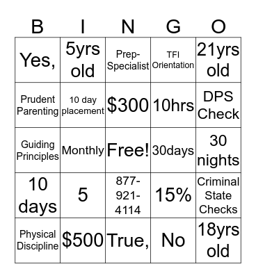 TFI Family Connections Bingo Card