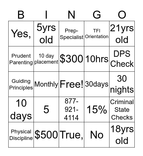 TFI Family Connections Bingo Card