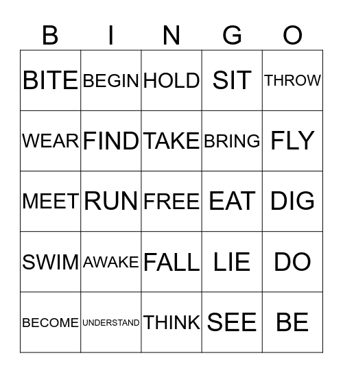 Irregular Verbs (Past Tense) Bingo Card