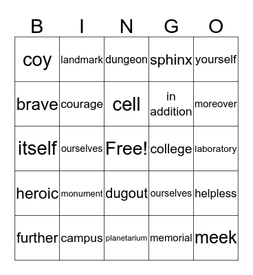 Vocabulary 6th Hour Bingo Card