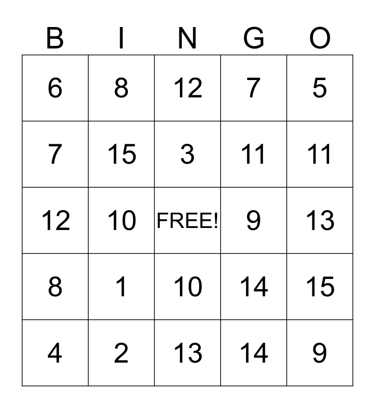 Addition Bingo 1-15 Bingo Card