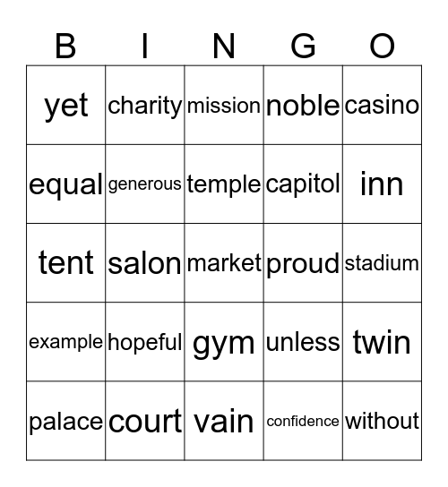 6th Hour Vocabulary Set 3 Bingo Card