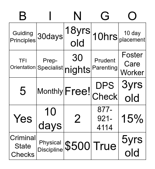 TFI Family Connections Bingo Card