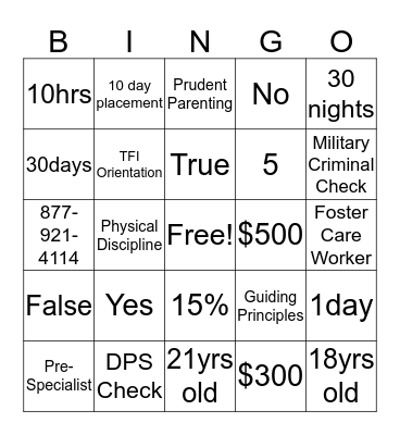 TFI Family Connections Bingo Card