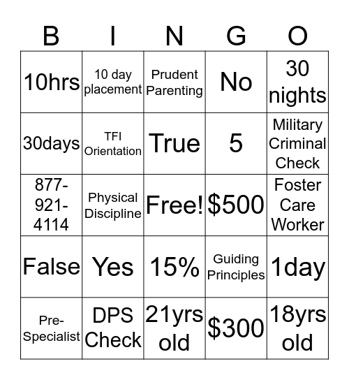 TFI Family Connections Bingo Card