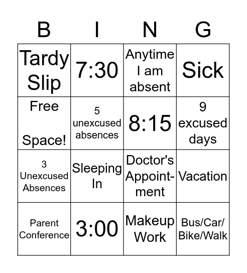 Attendance Bingo Card