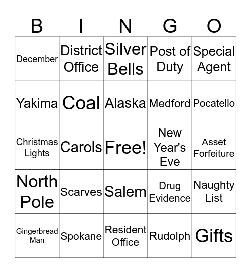 Seattle Field Division Holiday Pary 2017 Bingo Card