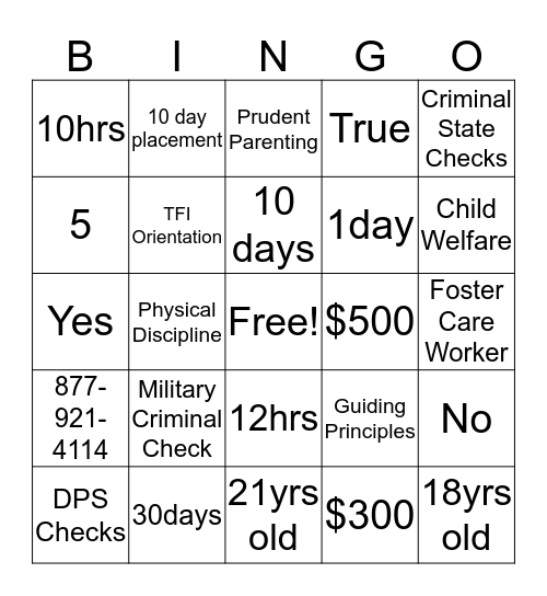 TFI Family Connections Bingo Card