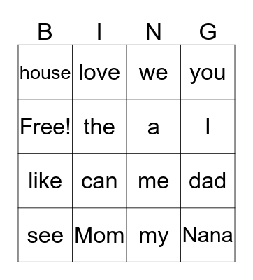 Pink Heart Words Bingo Card