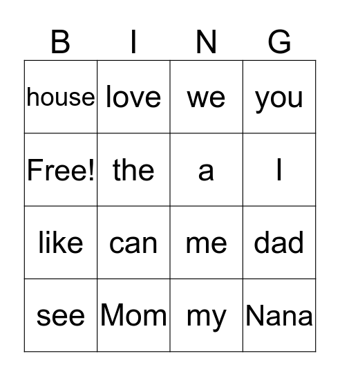 Pink Heart Words Bingo Card