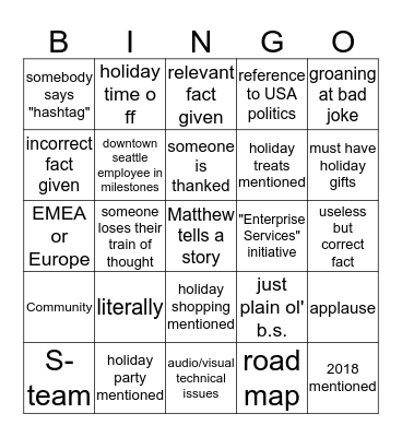 December Staff meeting  Bingo Card