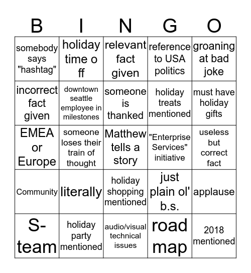 December Staff meeting  Bingo Card