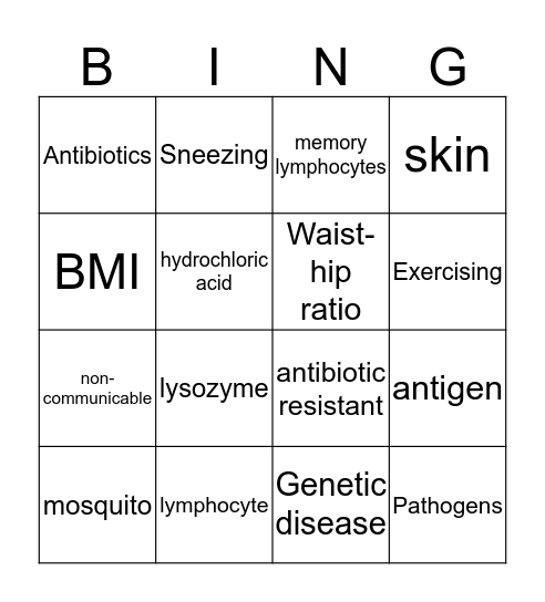 Health and disease Bingo Card