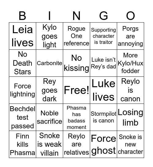 The Last Jedi Bingo Card
