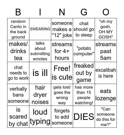 Aeriee Stream Bingo Card