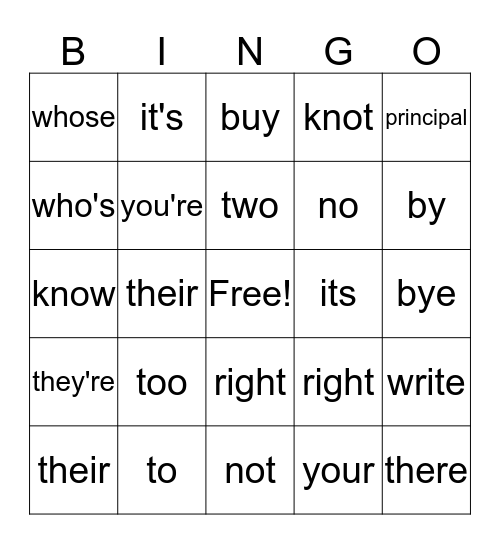 Grammar Bingo Card