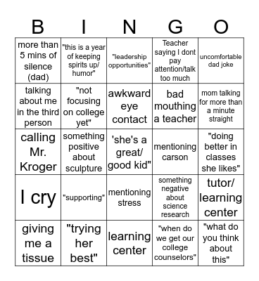 Parent Teacher Bingo Card