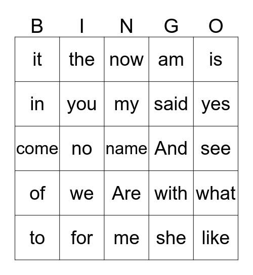 Sight Word Bingo Card