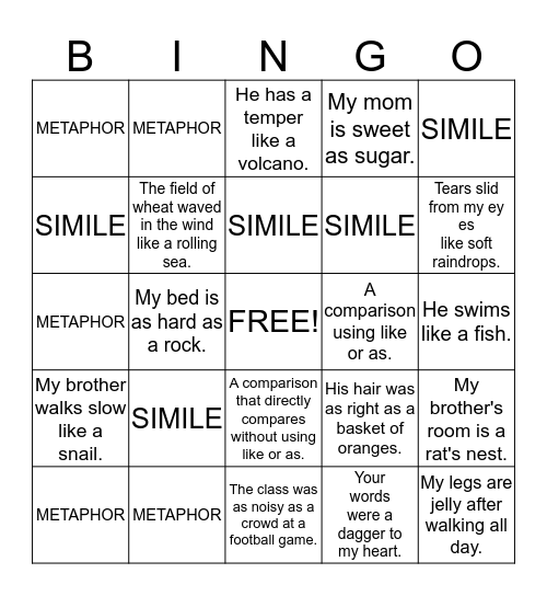 Similes And Metaphors Bingo Card