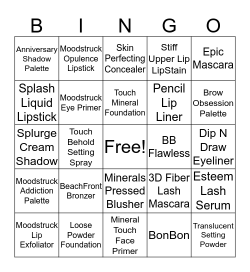 Younique Bingo Card