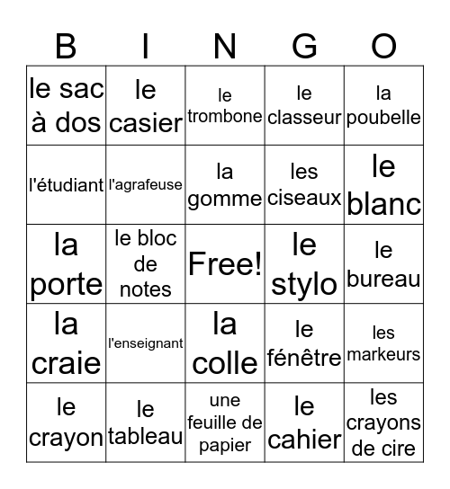 La Salle de Classe Bingo Card