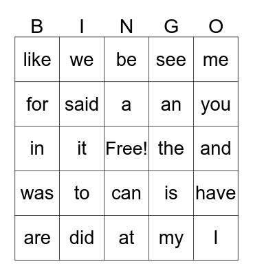 Sight Words Bingo Card
