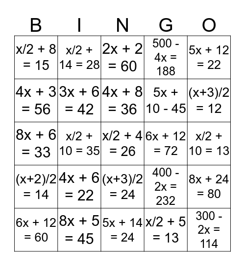 Word Problems: Writing Equations Bingo Card