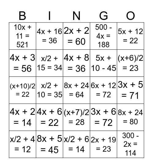 Word Problems: Writing Equations Bingo Card