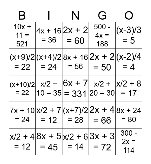 Word Problems: Writing Equations Bingo Card