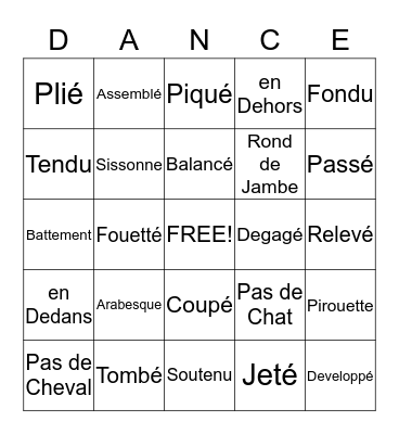 Dance Vocabulary Bingo Card