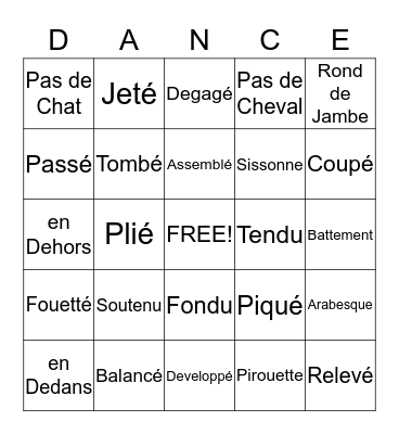 Ballet Vocabulary Bingo Card