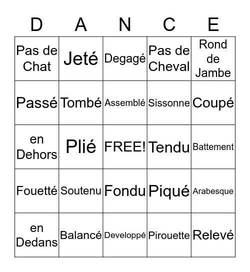 Ballet Vocabulary Bingo Card