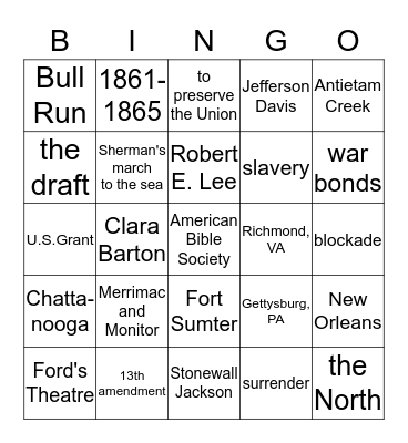 Civil War Bingo Card