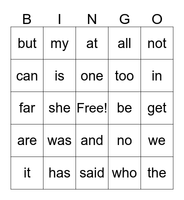 Sight Words Bingo Card