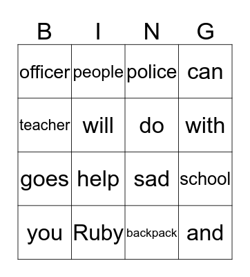 Ruby Goes to School Bingo Card