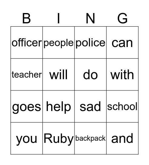 Ruby Goes to School Bingo Card