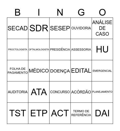 Structured Language  Bingo Card