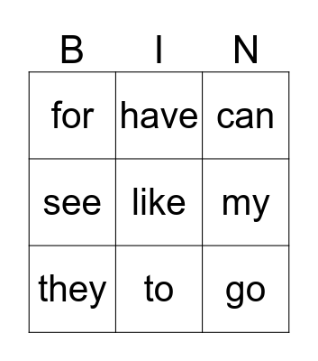 Sight Words Bingo Card