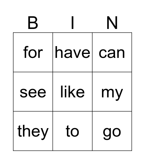 Sight Words Bingo Card