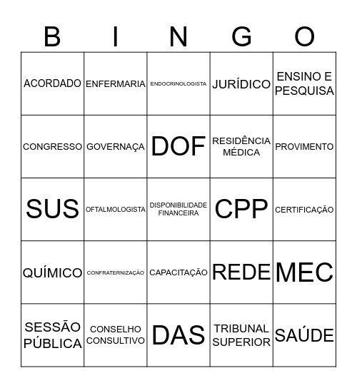 Structured Language  Bingo Card