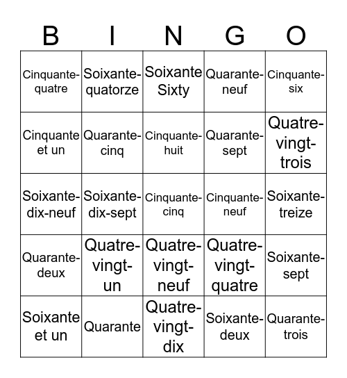 Les nombres Bingo Card