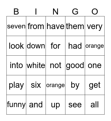Sight Words Bingo Card