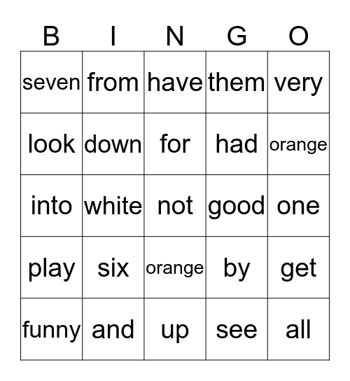 Sight Words Bingo Card