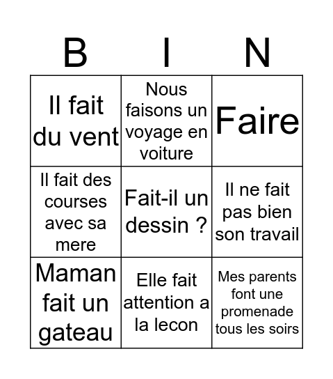 Francais Bingo! Bingo Card