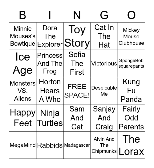Kids Movies/Kids Shows Bingo Card