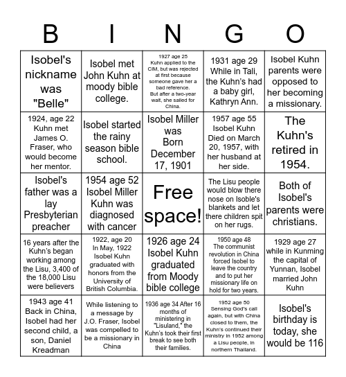 Isobel Kuhn Bingo Card