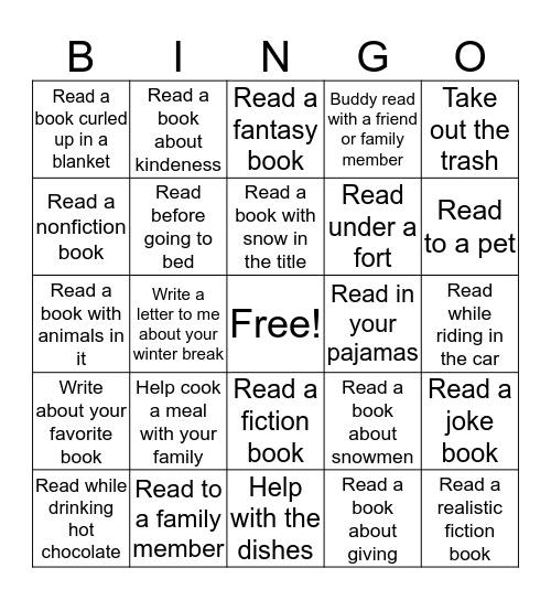 Winter Break Reading Bingo Card