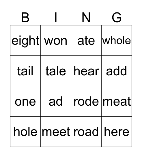 Homophones Bingo Card