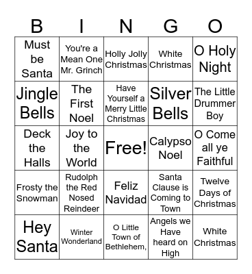 Christmas Song Bingo Card